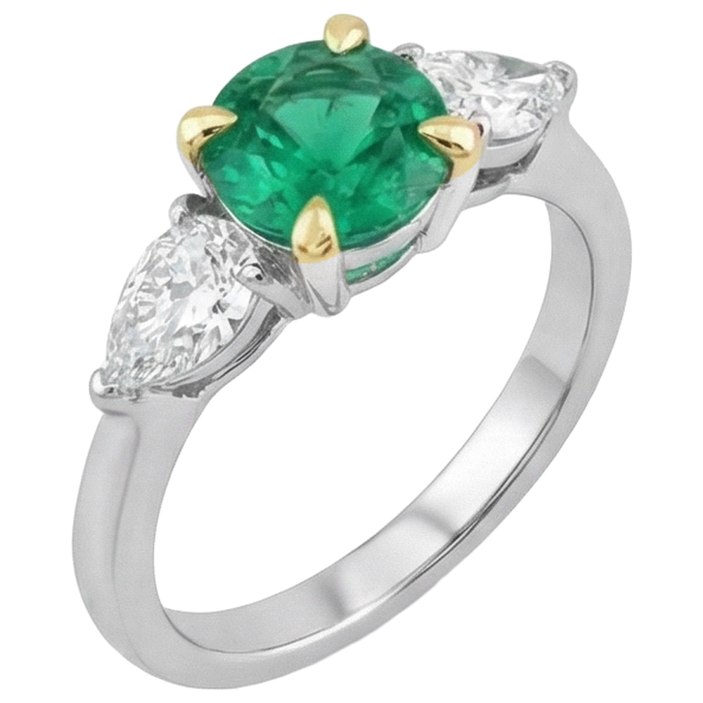 Natural Real ( Not Lab Grown ) Pear Diamond & Green Emerald GIA Ring 3 Stone Gemstone Jewelry