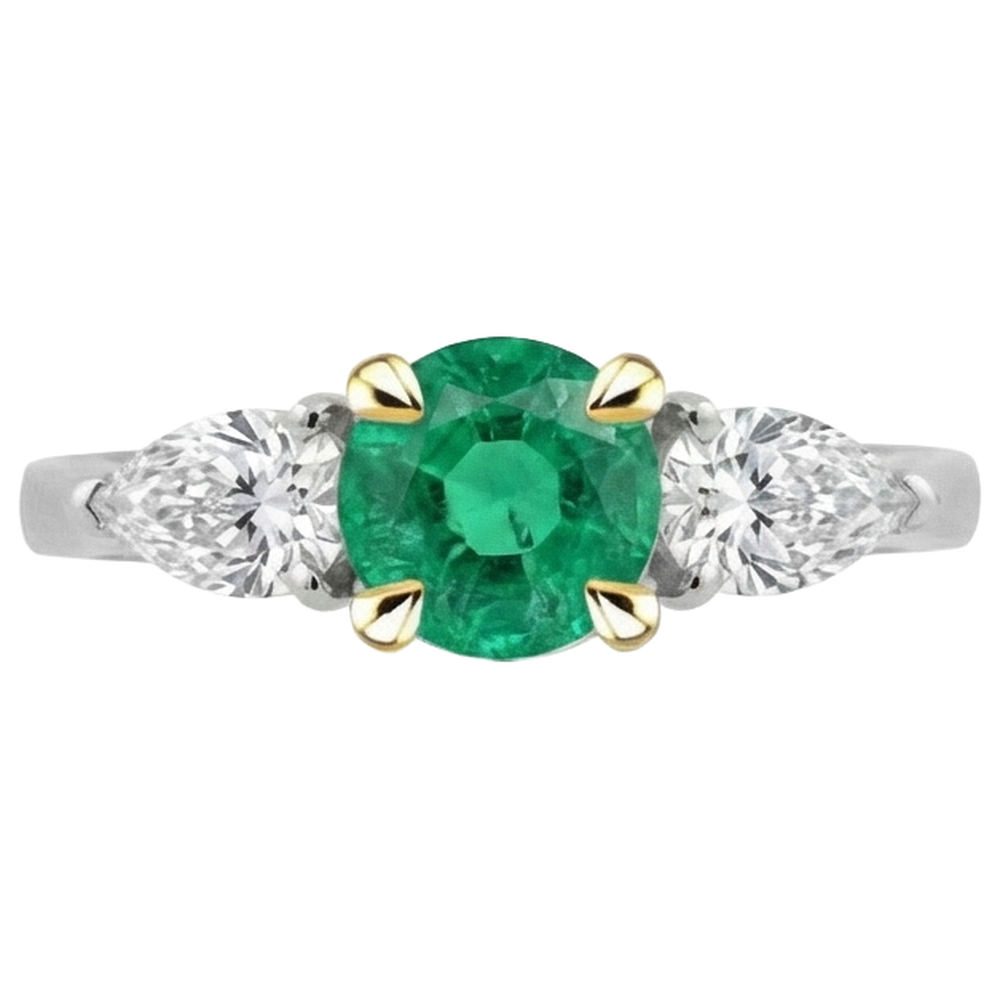 Natural Real ( Not Lab Grown ) Pear Diamond & Green Emerald GIA Ring 3 Stone Gemstone Jewelry