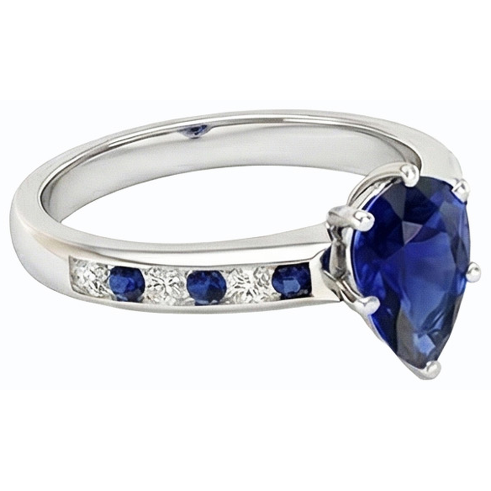 Pear Engagement Ring Channel Set Blue Sapphires & Natural Earth Mined Diamonds 2 Carats