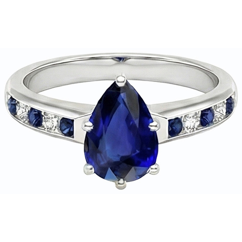 Pear Engagement Ring Channel Set Blue Sapphires & Natural Earth Mined Diamonds 2 Carats