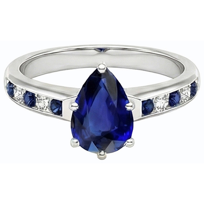 Pear Engagement Ring Channel Set Blue Sapphires & Natural Earth Mined Diamonds 2 Carats