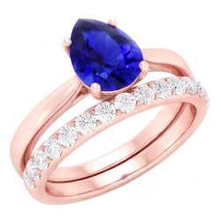 Pear Gemstone Engagement Ring & Natural Earth Mined Diamond Band Set Rose Gold 4 Carats