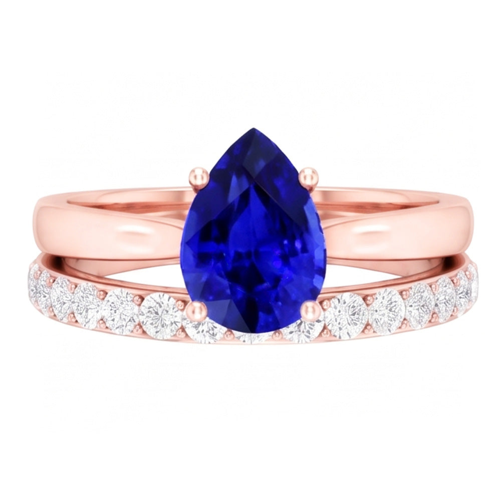 Pear Gemstone Engagement Ring & Natural Earth Mined Diamond Band Set Rose Gold 4 Carats