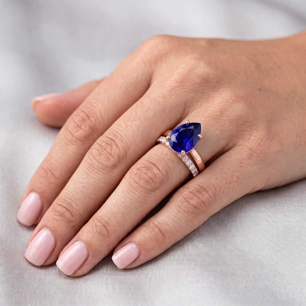 Pear Gemstone Engagement Ring & Natural Earth Mined Diamond Band Set Rose Gold 4 Carats