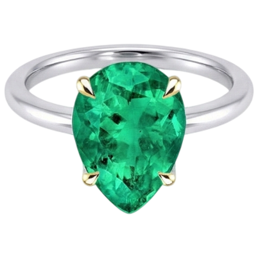 Natural Real ( Not Lab Grown ) Pear Gemstone Solitaire Ring Comfort Fit Green Emerald GIA