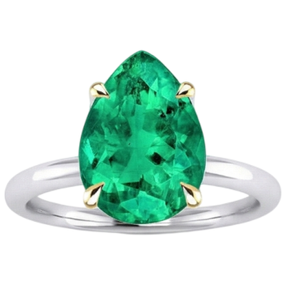 Natural Real ( Not Lab Grown ) Pear Gemstone Solitaire Ring Comfort Fit Green Emerald GIA
