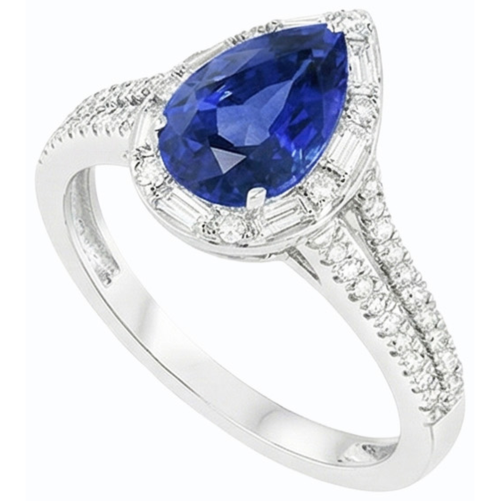 Pear Halo Blue Sapphire Ring Double Shank & Baguette Natural Earth Mined Diamonds 5 Carats