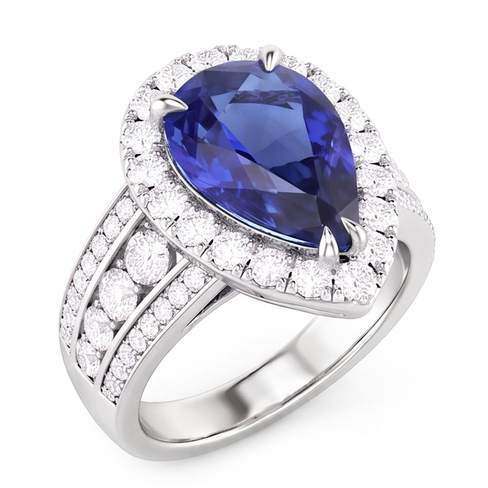Pear Halo Engagement Blue Sapphire Ring Set & Natural Earth Mined Diamonds 6 Carats