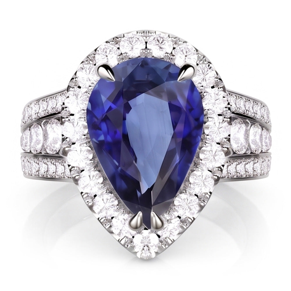 Pear Halo Engagement Blue Sapphire Ring Set & Natural Earth Mined Diamonds 6 Carats