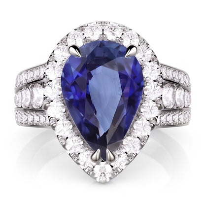 Pear Halo Engagement Blue Sapphire Ring Set & Natural Earth Mined Diamonds 6 Carats