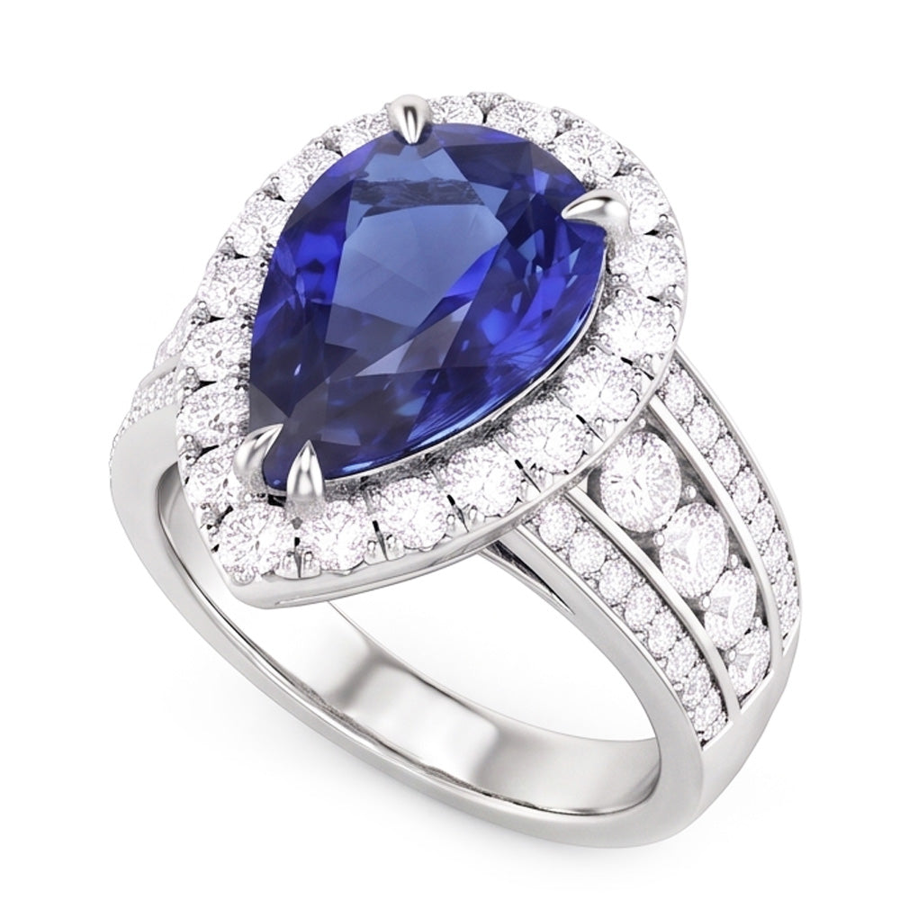 Pear Halo Engagement Blue Sapphire Ring Set & Natural Earth Mined Diamonds 6 Carats
