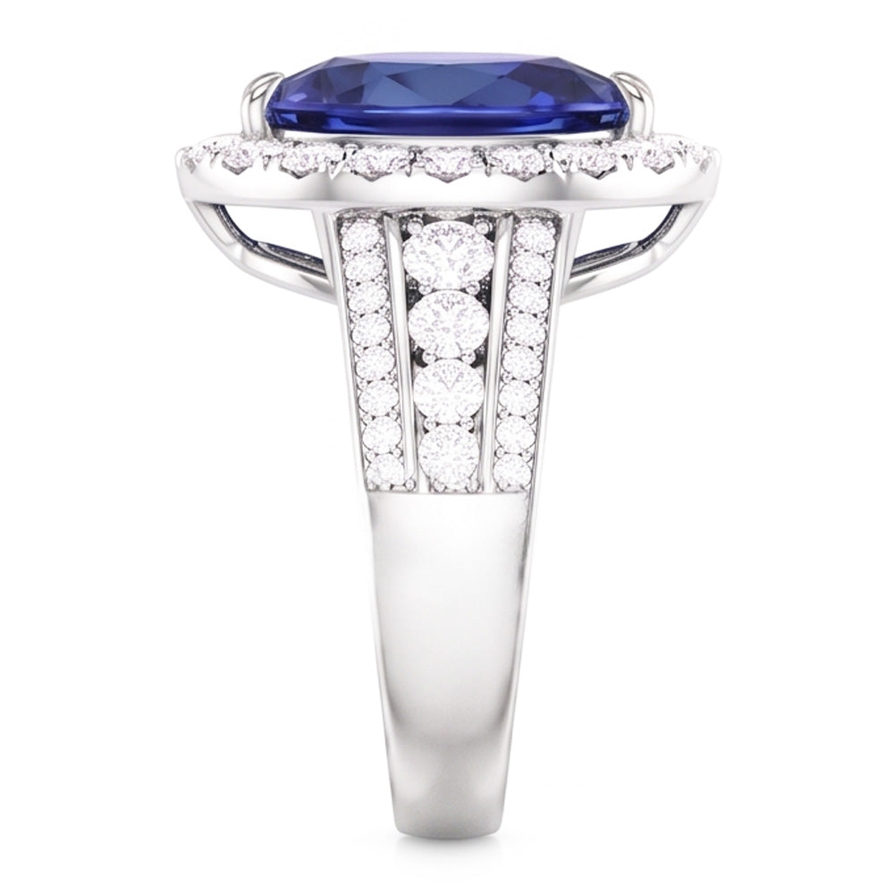 Pear Halo Engagement Blue Sapphire Ring Set & Natural Earth Mined Diamonds 6 Carats