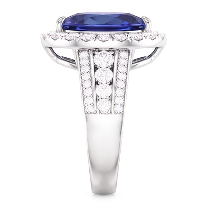 Pear Halo Engagement Blue Sapphire Ring Set & Natural Earth Mined Diamonds 6 Carats