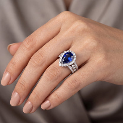 Pear Halo Engagement Blue Sapphire Ring Set & Natural Earth Mined Diamonds 6 Carats