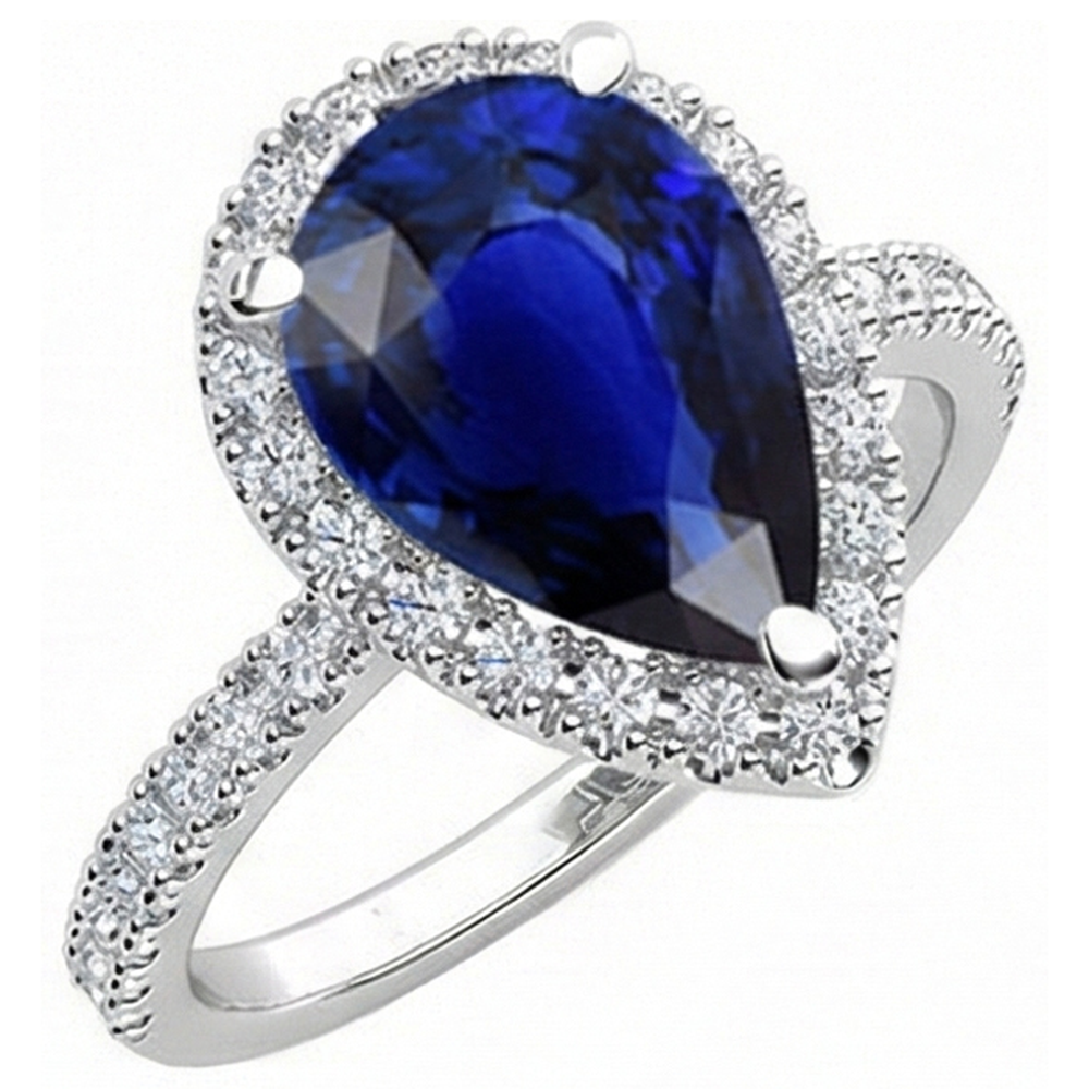 Pear Halo Gemstone Ring Blue Sapphire Natural Earth Mined Diamond Accents Jewelry 5 Carats