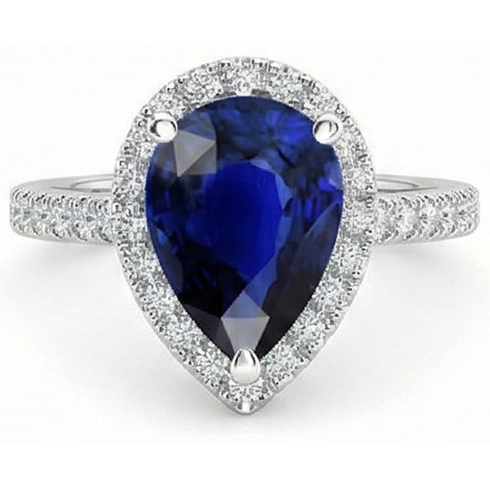 Pear Halo Gemstone Ring Blue Sapphire Natural Earth Mined Diamond Accents Jewelry 5 Carats