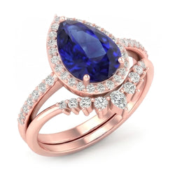Pear Halo Wedding Ring Set Deep Blue Sapphire & Natural Earth Mined Diamonds 4.50 Carats