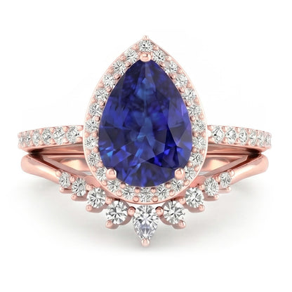 Pear Halo Wedding Ring Set Deep Blue Sapphire & Natural Earth Mined Diamonds 4.50 Carats