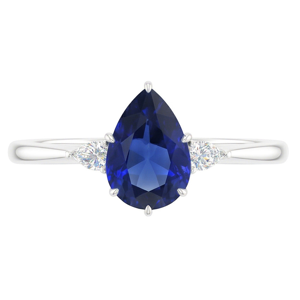 Pear Natural Earth Mined Diamond 3 Stone Blue Sapphire Ring 1.75 Carats Tapered Shank Gold