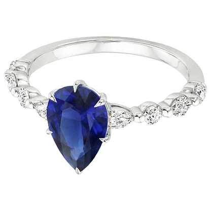 Pear Natural Earth Mined Diamond Anniversary Ring With Blue Sapphire Center Gold 5 Carats