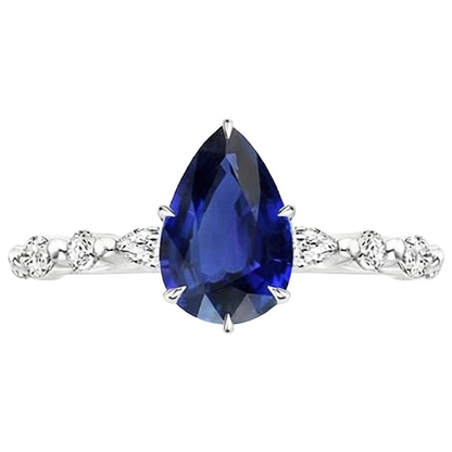 Pear Natural Earth Mined Diamond Anniversary Ring With Blue Sapphire Center Gold 5 Carats