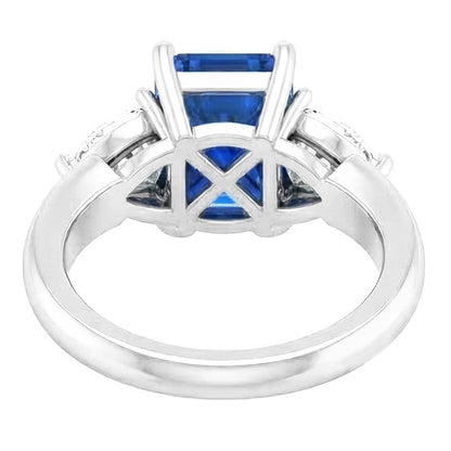 Pear Natural Earth Mined Diamond Radiant Blue Sapphire Ring 3 Carats V Split Shank 3 Stone