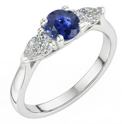 Pear Natural Earth Mined Diamond Three Stone Round Blue Sapphire Ring 1.50 Carats