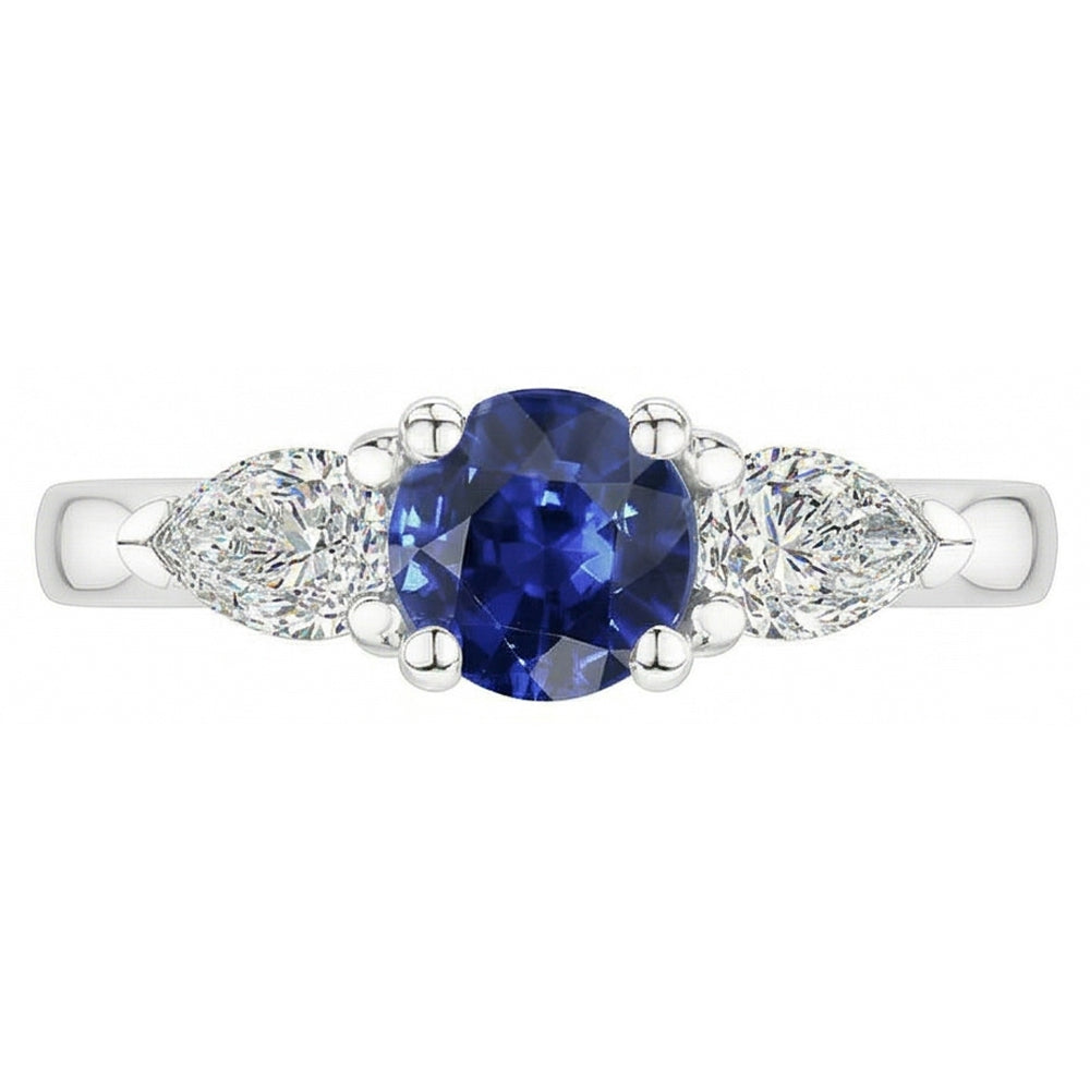 Pear Natural Earth Mined Diamond Three Stone Round Blue Sapphire Ring 1.50 Carats
