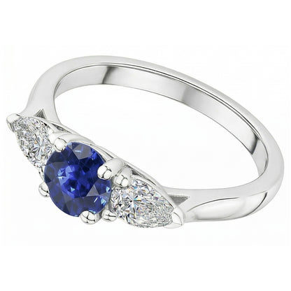 Pear Natural Earth Mined Diamond Three Stone Round Blue Sapphire Ring 1.50 Carats