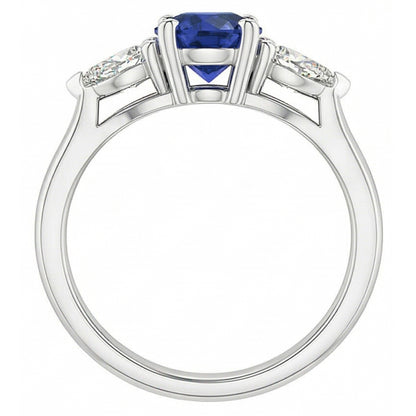 Pear Natural Earth Mined Diamond Three Stone Round Blue Sapphire Ring 1.50 Carats