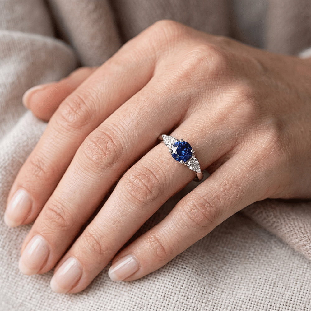 Pear Natural Earth Mined Diamond Three Stone Round Blue Sapphire Ring 1.50 Carats