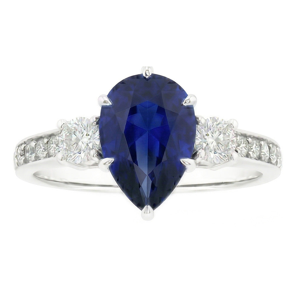 Pear Sapphire Gemstone Ring With Accents Round Natural Earth Mined Diamonds 3.50 Carats