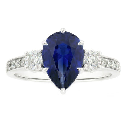 Pear Sapphire Gemstone Ring With Accents Round Natural Earth Mined Diamonds 3.50 Carats