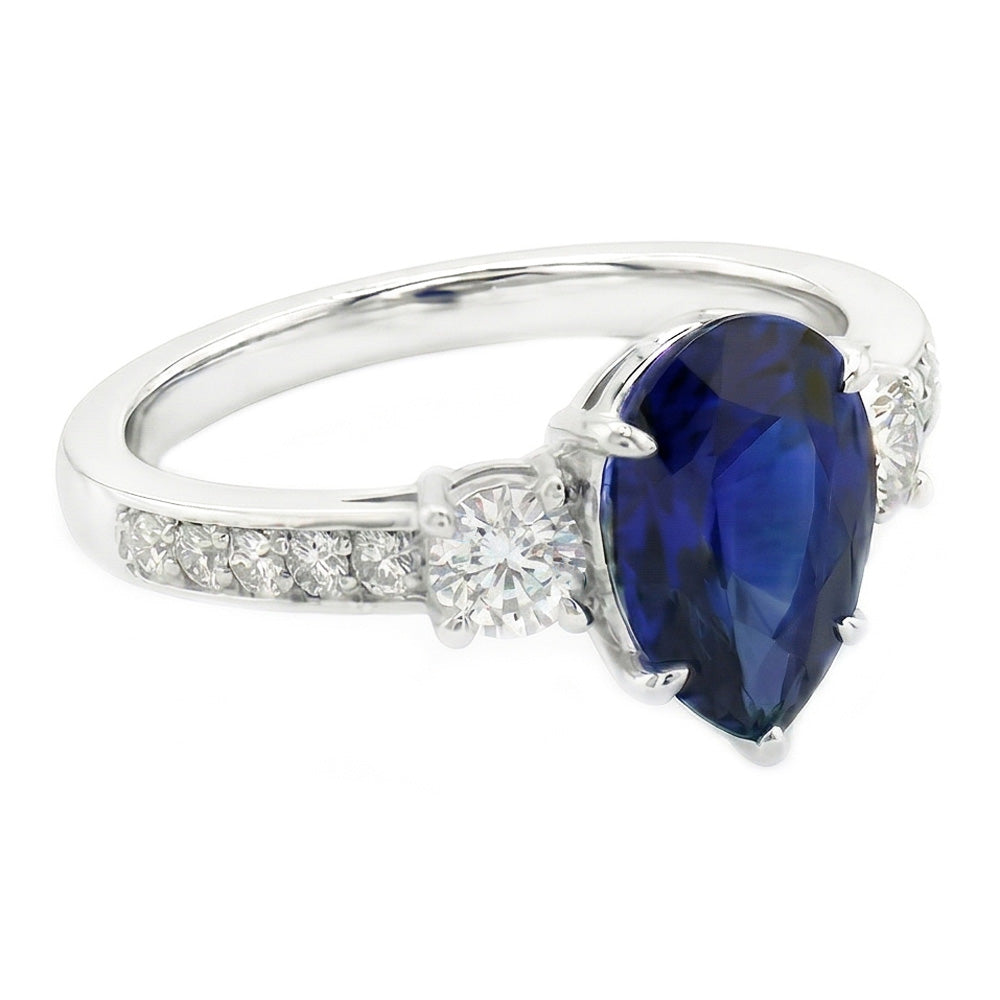 Pear Sapphire Gemstone Ring With Accents Round Natural Earth Mined Diamonds 3.50 Carats