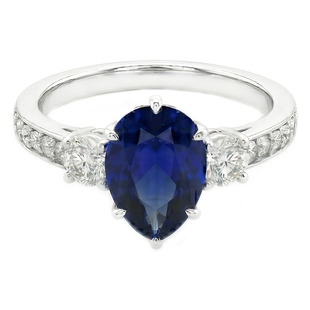 Pear Sapphire Gemstone Ring With Accents Round Natural Earth Mined Diamonds 3.50 Carats