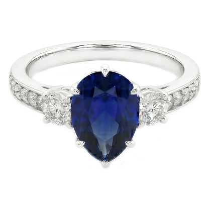 Pear Sapphire Gemstone Ring With Accents Round Natural Earth Mined Diamonds 3.50 Carats