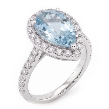 Pear Shape Aquamarine And Natural Earth Mined Diamonds 14 Ct Wedding Ring White Gold 14K