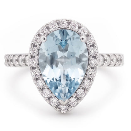 Pear Shape Aquamarine And Natural Earth Mined Diamonds 14 Ct Wedding Ring White Gold 14K