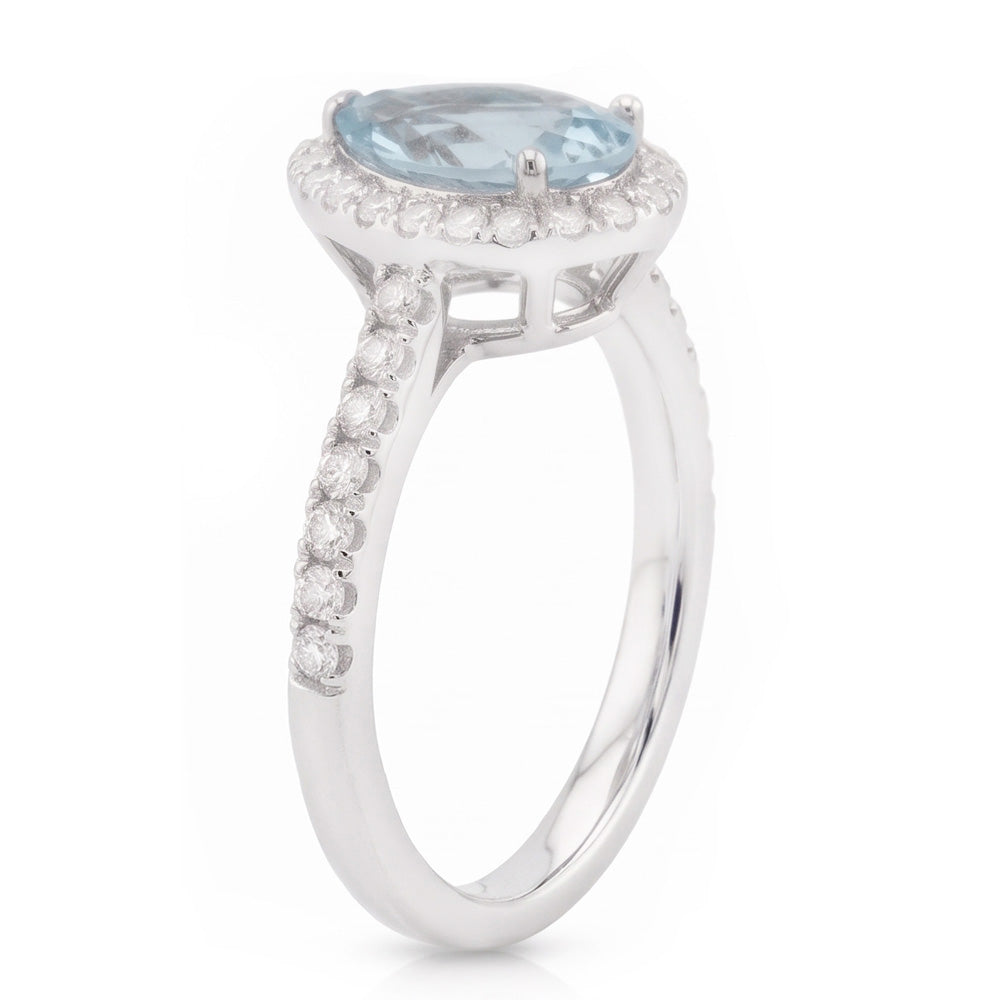 Pear Shape Aquamarine And Natural Earth Mined Diamonds 14 Ct Wedding Ring White Gold 14K