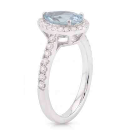 Pear Shape Aquamarine And Natural Earth Mined Diamonds 14 Ct Wedding Ring White Gold 14K
