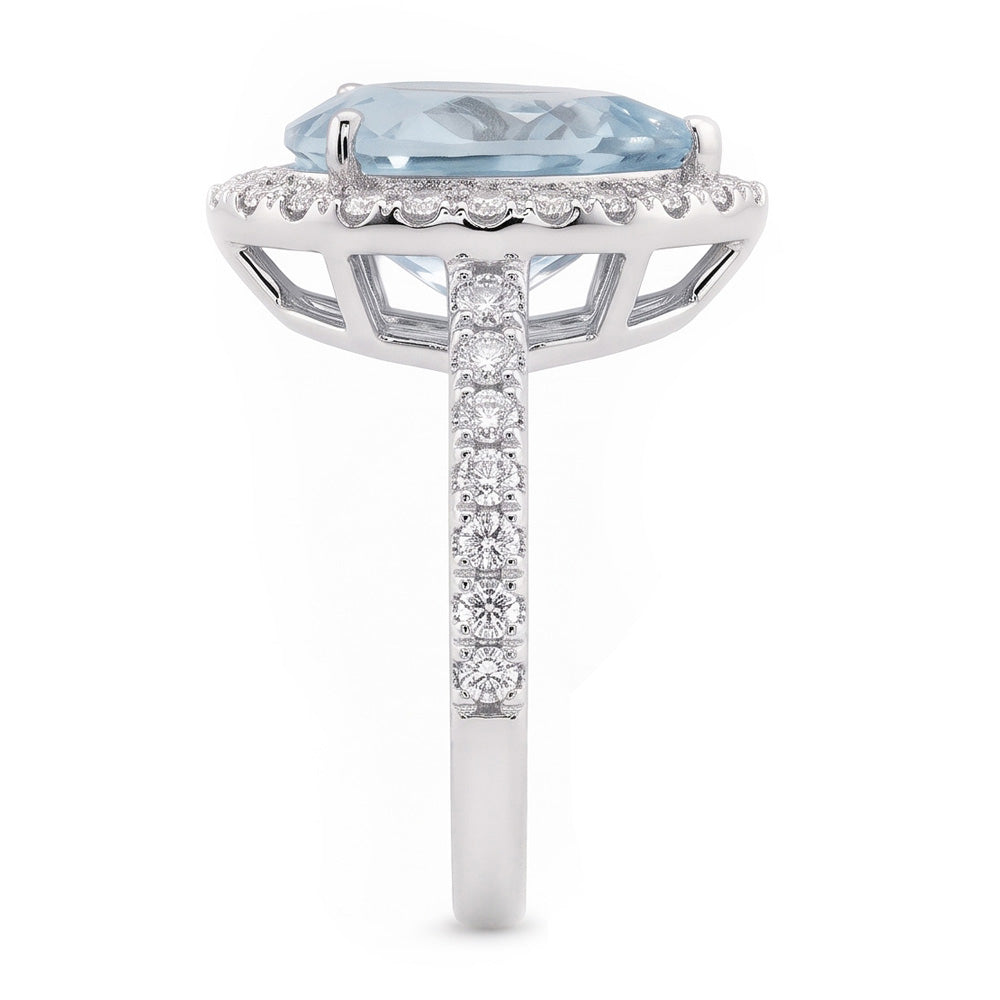 Pear Shape Aquamarine And Natural Earth Mined Diamonds 14 Ct Wedding Ring White Gold 14K