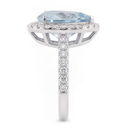 Pear Shape Aquamarine And Natural Earth Mined Diamonds 14 Ct Wedding Ring White Gold 14K