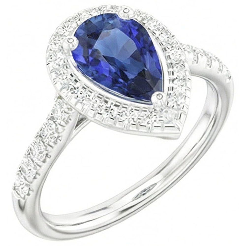 Pear Shaped Halo Ring Blue Sapphire & Natural Earth Mined Diamonds 4 Carats