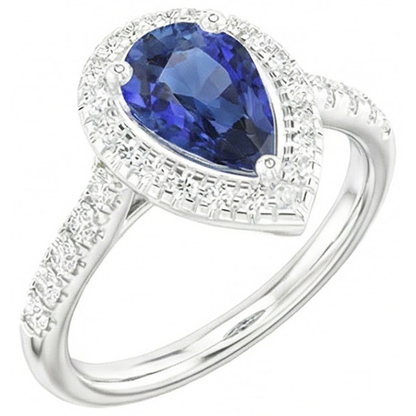 Pear Shaped Halo Ring Blue Sapphire & Natural Earth Mined Diamonds 4 Carats