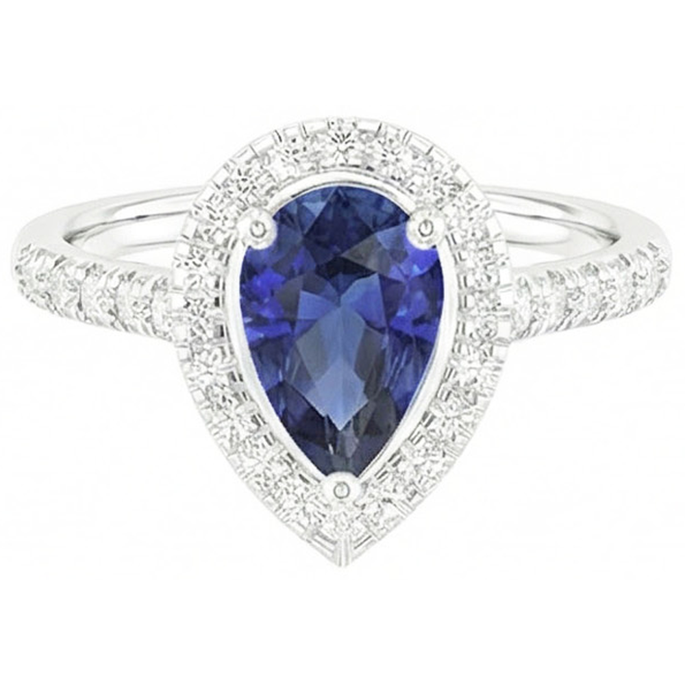 Pear Shaped Halo Ring Blue Sapphire & Natural Earth Mined Diamonds 4 Carats
