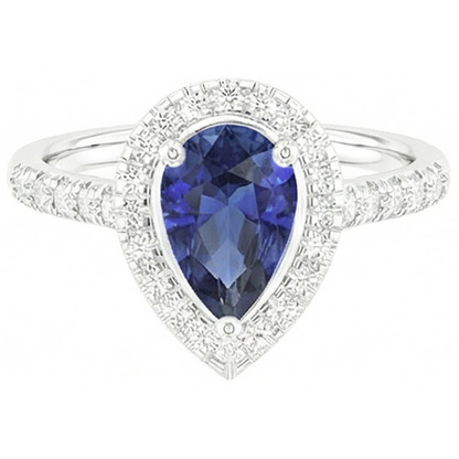 Pear Shaped Halo Ring Blue Sapphire & Natural Earth Mined Diamonds 4 Carats