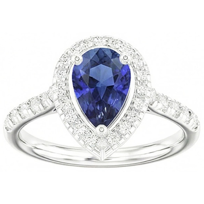 Pear Shaped Halo Ring Blue Sapphire & Natural Earth Mined Diamonds 4 Carats