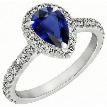 Natural Real ( Not Lab Grown )  Pear Shaped Sapphire Ring 2.50 Ct Halo Prong Set Diamonds