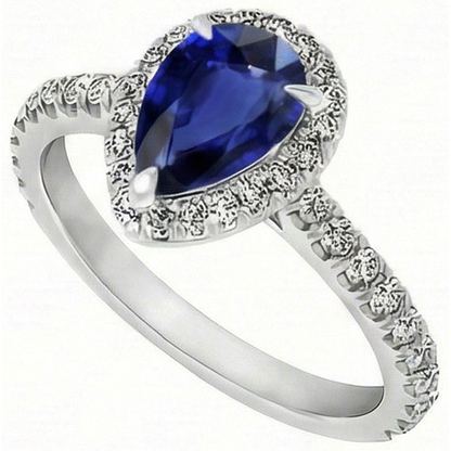 Natural Real ( Not Lab Grown )  Pear Shaped Sapphire Ring 2.50 Ct Halo Prong Set Diamonds