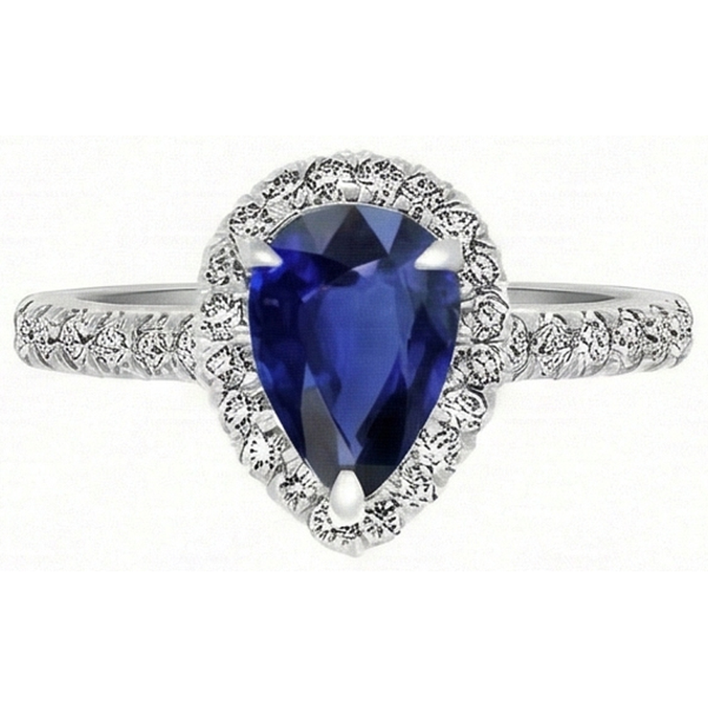 Natural Real ( Not Lab Grown )  Pear Shaped Sapphire Ring 2.50 Ct Halo Prong Set Diamonds